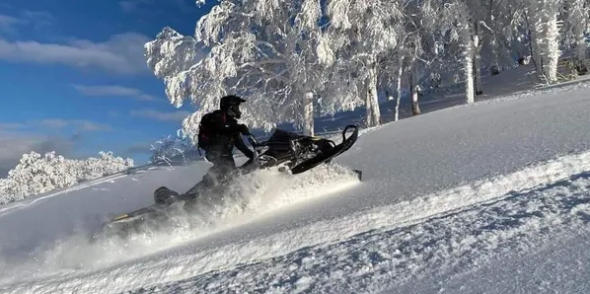 Snowmobile carving through deep powder among snow-covered trees